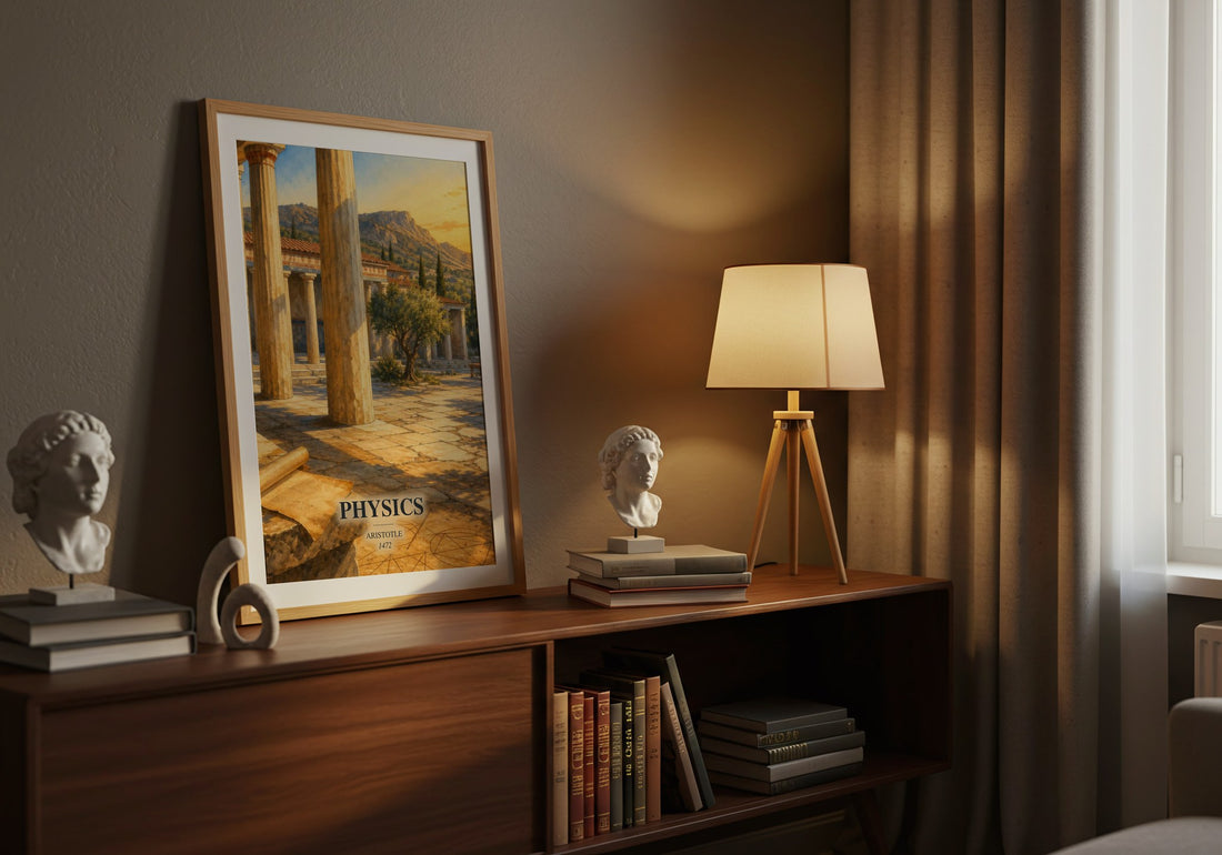 Physics watercolour print on bookshelf – Aristotle fan gift