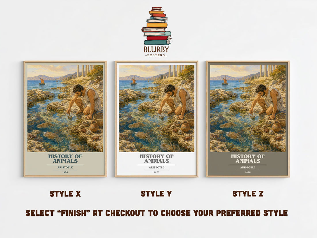 History of Animals book cover print in frame leaning in hallway – philosophy wall art (mockup)