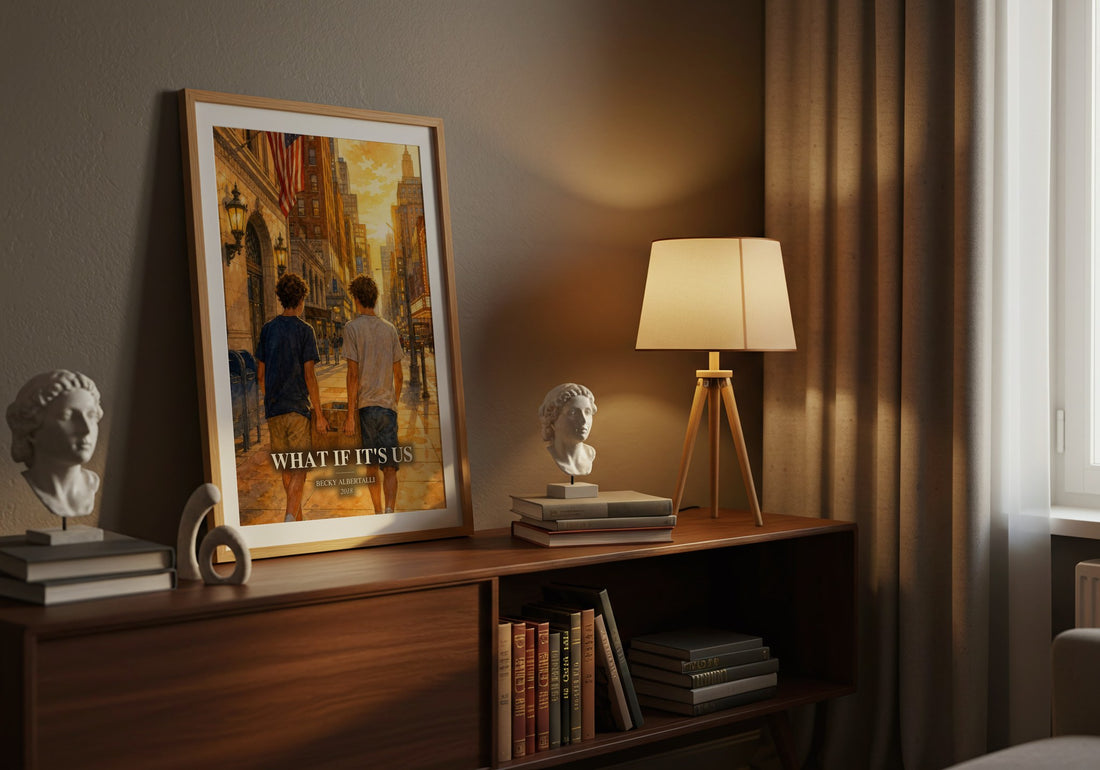 What If It's Us watercolour print on bookshelf – Becky Albertalli fan gift