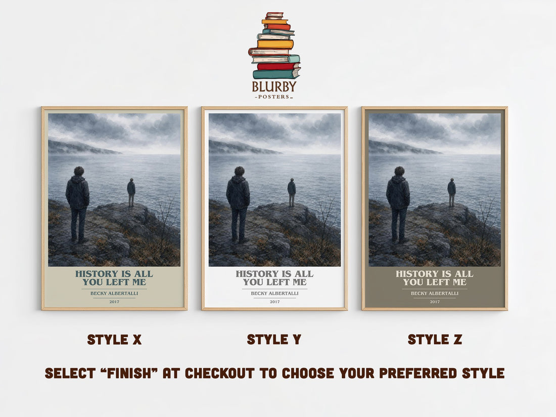 History Is All You Left Me book cover print in frame leaning in hallway – young adult wall art (mockup)