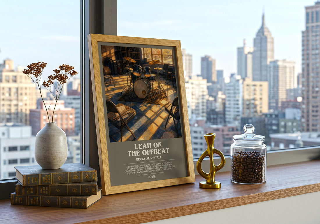 Leah on the offbeat bookish print framed by window – literary home decor
