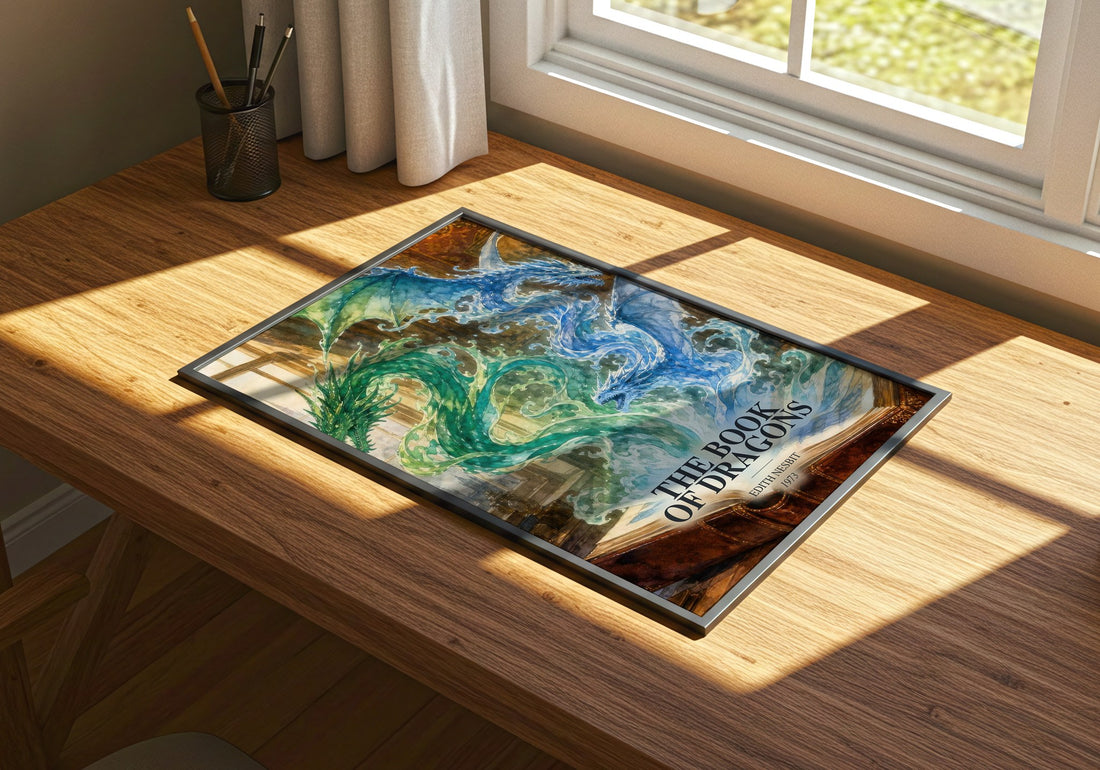 The Book of Dragons watercolour book poster framed on wall – childrens wall art