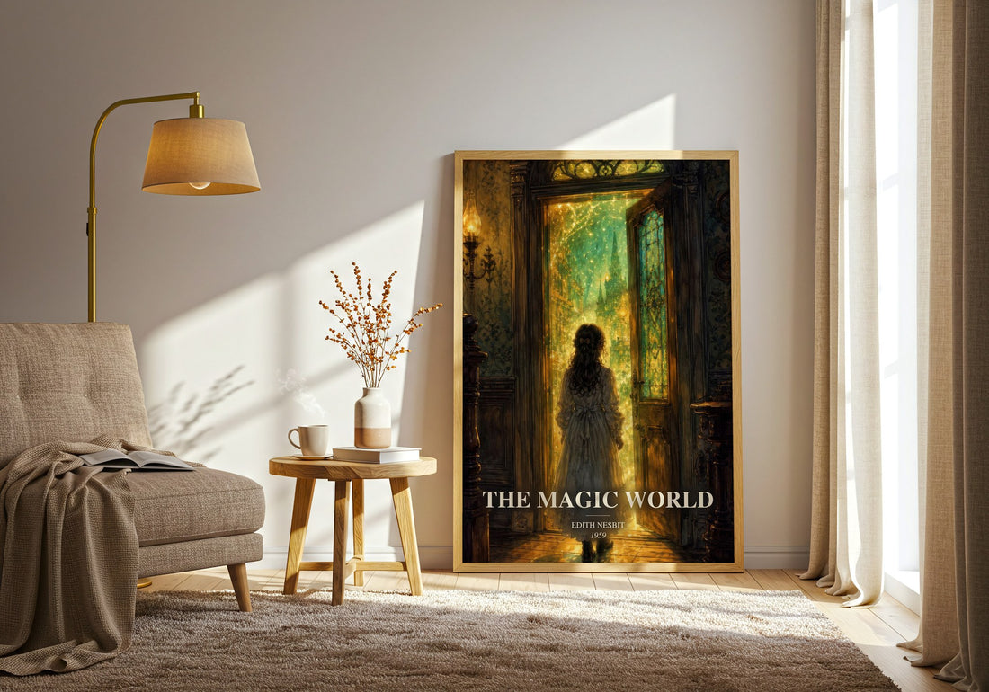 The Magic World watercolour print in frame leaning in hallway – childrens wall art