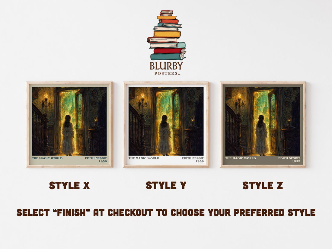 The Magic World literary print in frame leaning in hallway – childrens wall art (mockup)