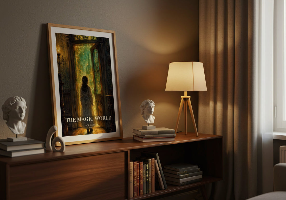 The Magic World watercolour print on bookshelf – Edith Nesbit fan gift