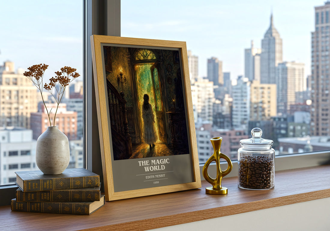 The Magic World book cover print framed by window – literary home decor