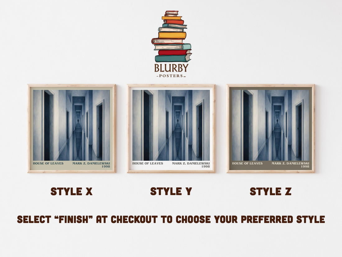 House of Leaves literary print in frame leaning in hallway – horror wall art (mockup)