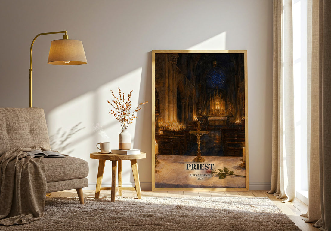 Priest watercolour print in frame leaning in hallway – romance wall art