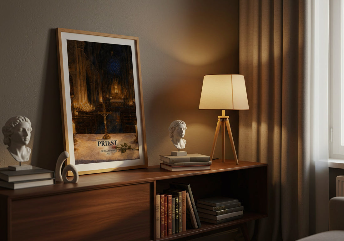 Priest watercolour print on bookshelf – Sierra Simone fan gift