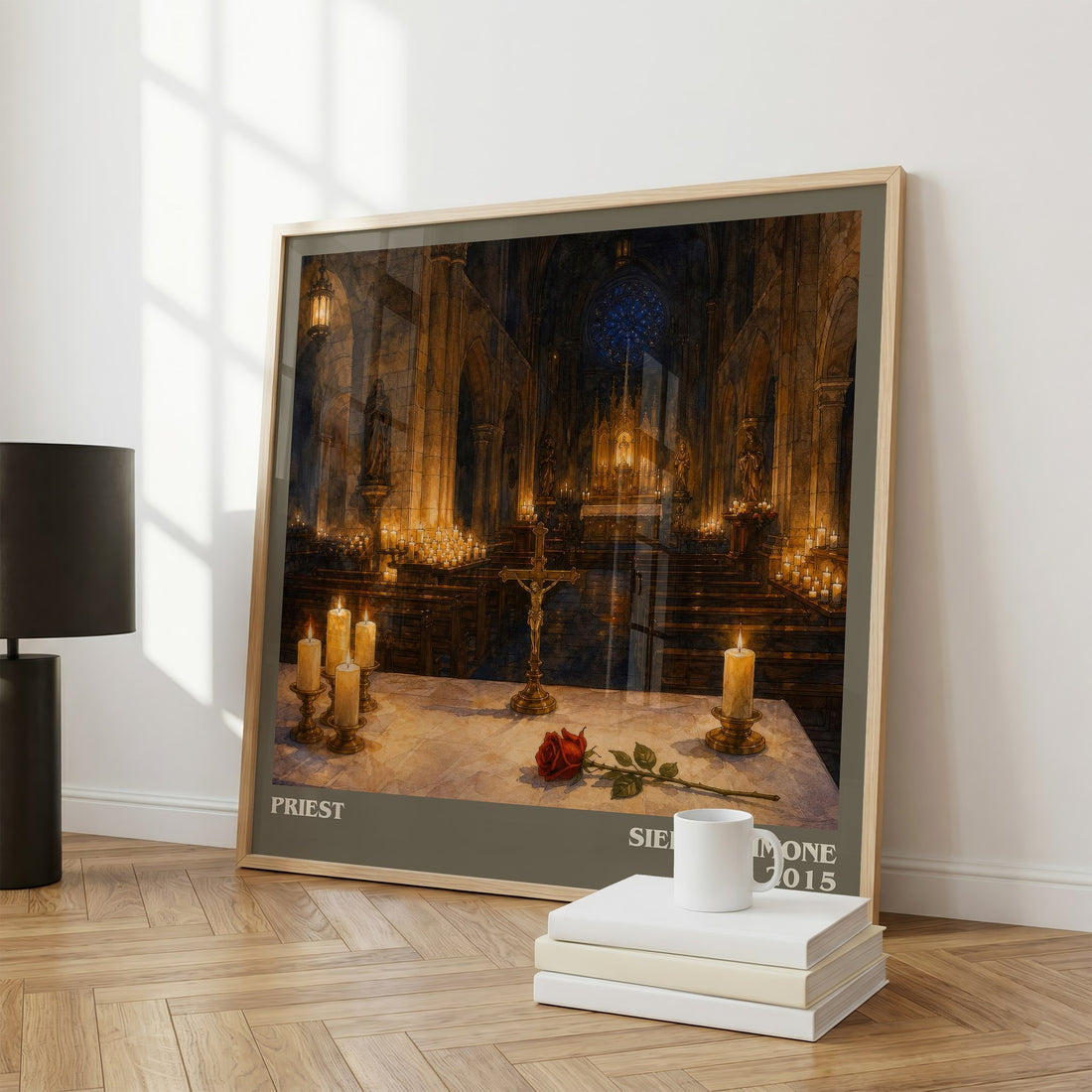 Priest Literary Art Print by Sierra Simone – large square framed print leaning against a wall
