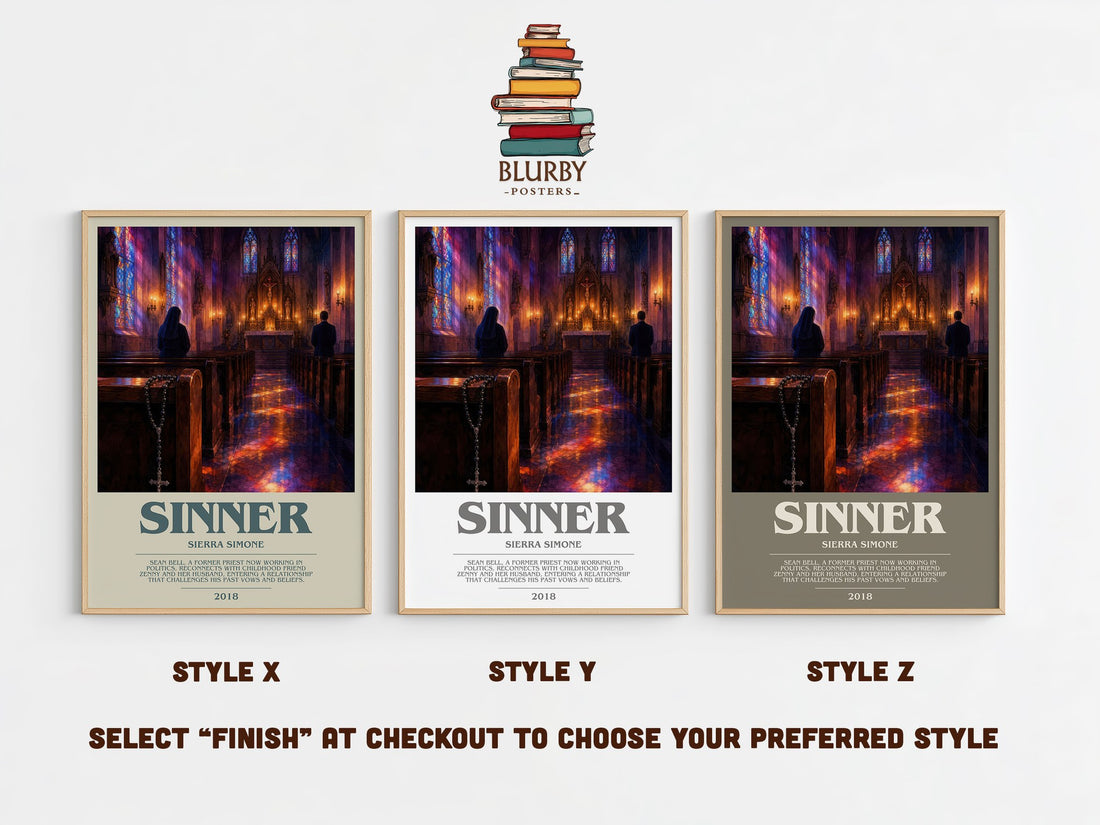 Sinner bookish print in frame leaning in hallway – romance wall art (mockup)