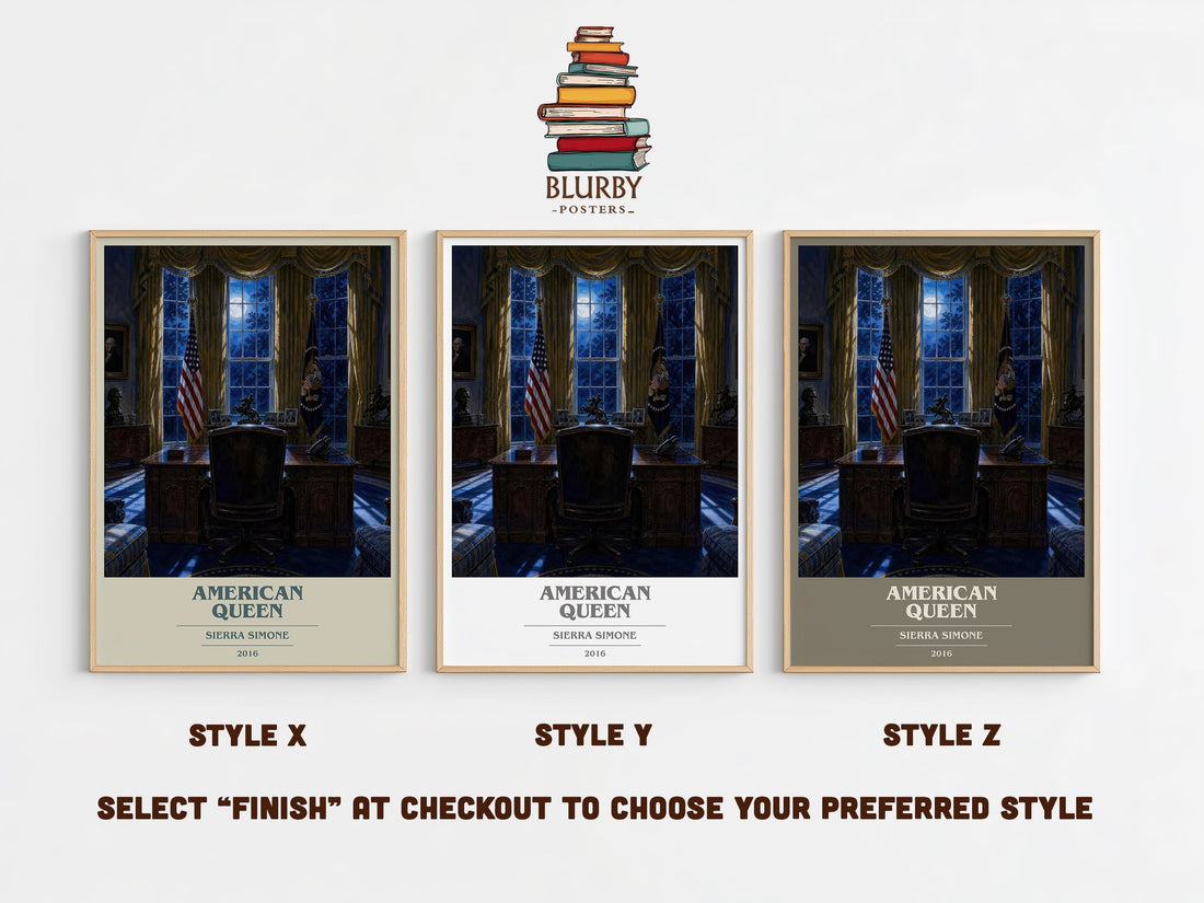 American Queen book cover print in frame leaning in hallway – romance wall art (mockup)