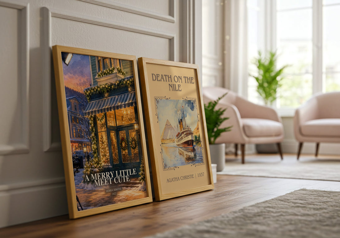 A Merry Little Meet Cute watercolour print framed by window – literary home decor