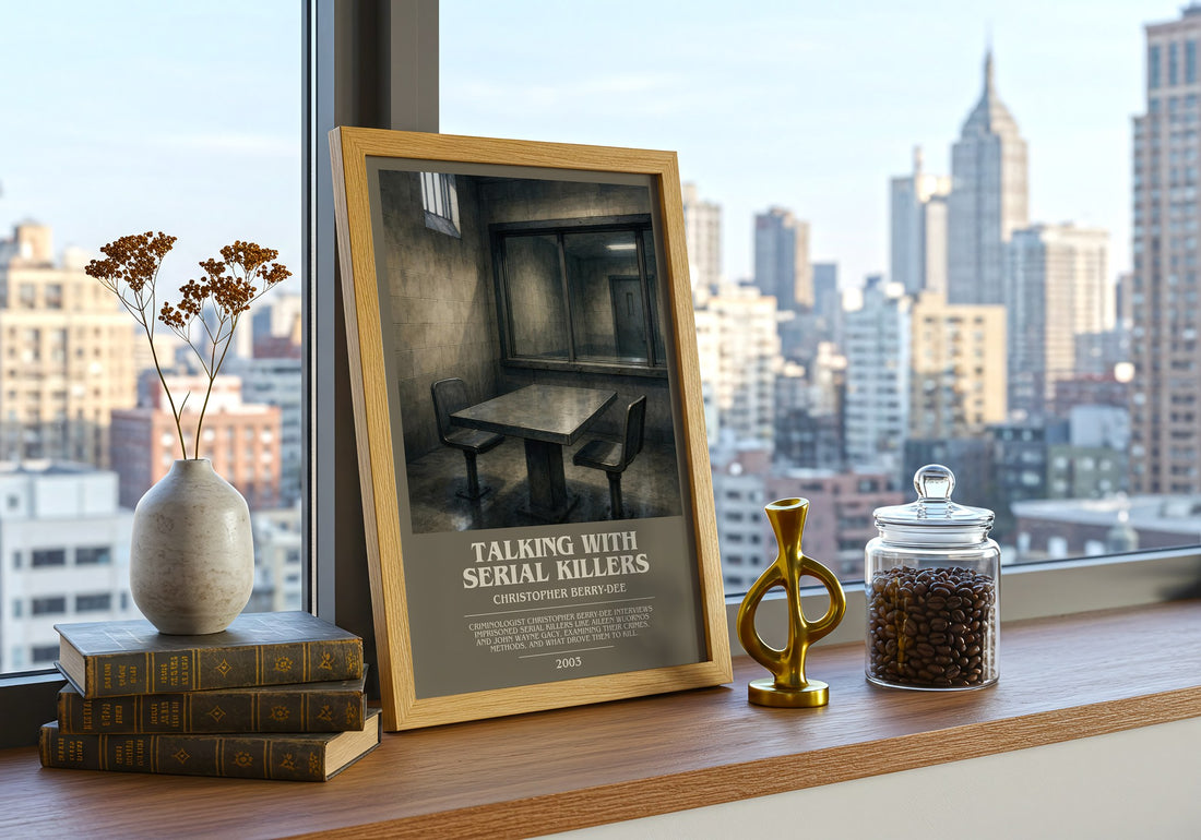 Talking with Serial Killers bookish print framed by window – literary home decor