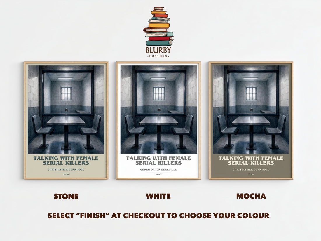 Talking With Female Serial Killers book cover print framed by window – Stone, White and Mocha side by side – choose your colour