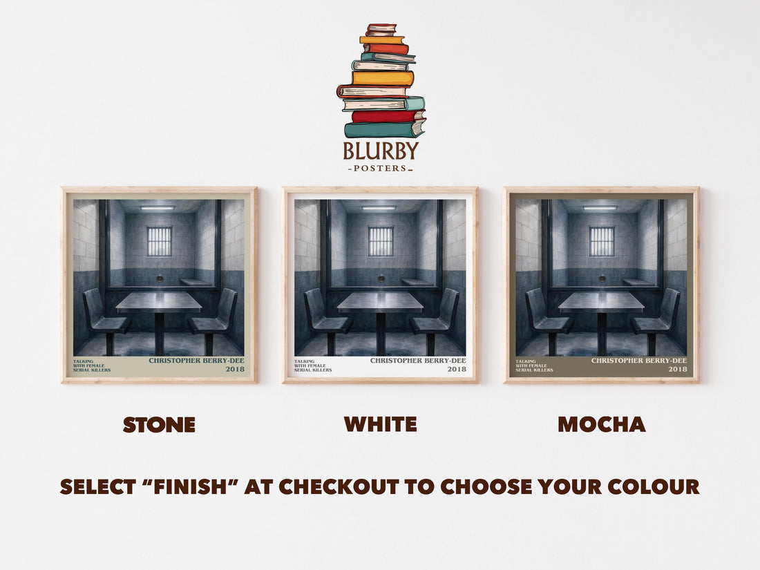 Talking With Female Serial Killers literary print framed by window – Stone, White and Mocha square prints side by side – choose your colour