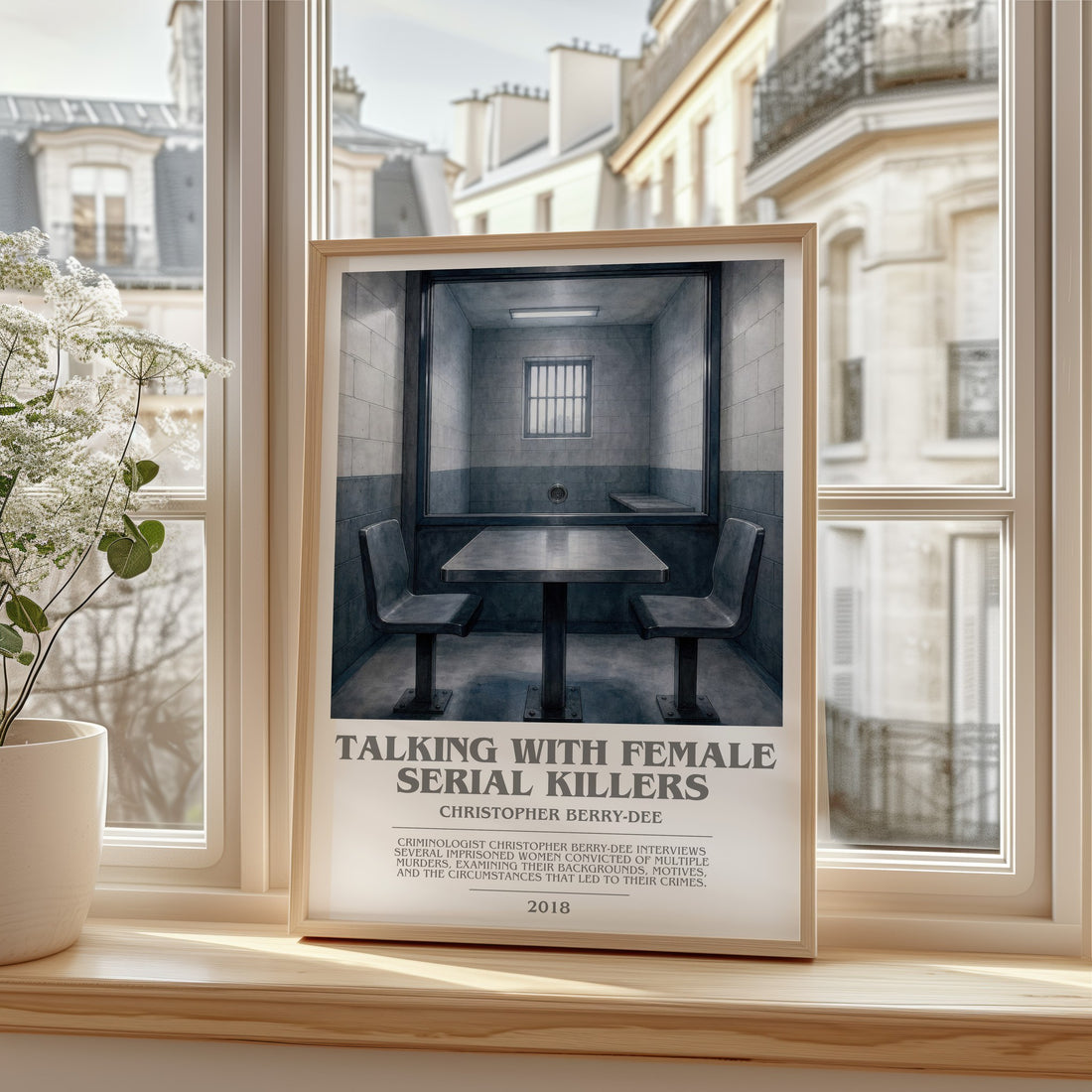 Talking With Female Serial Killers bookish print in frame leaning in hallway – non fiction wall art