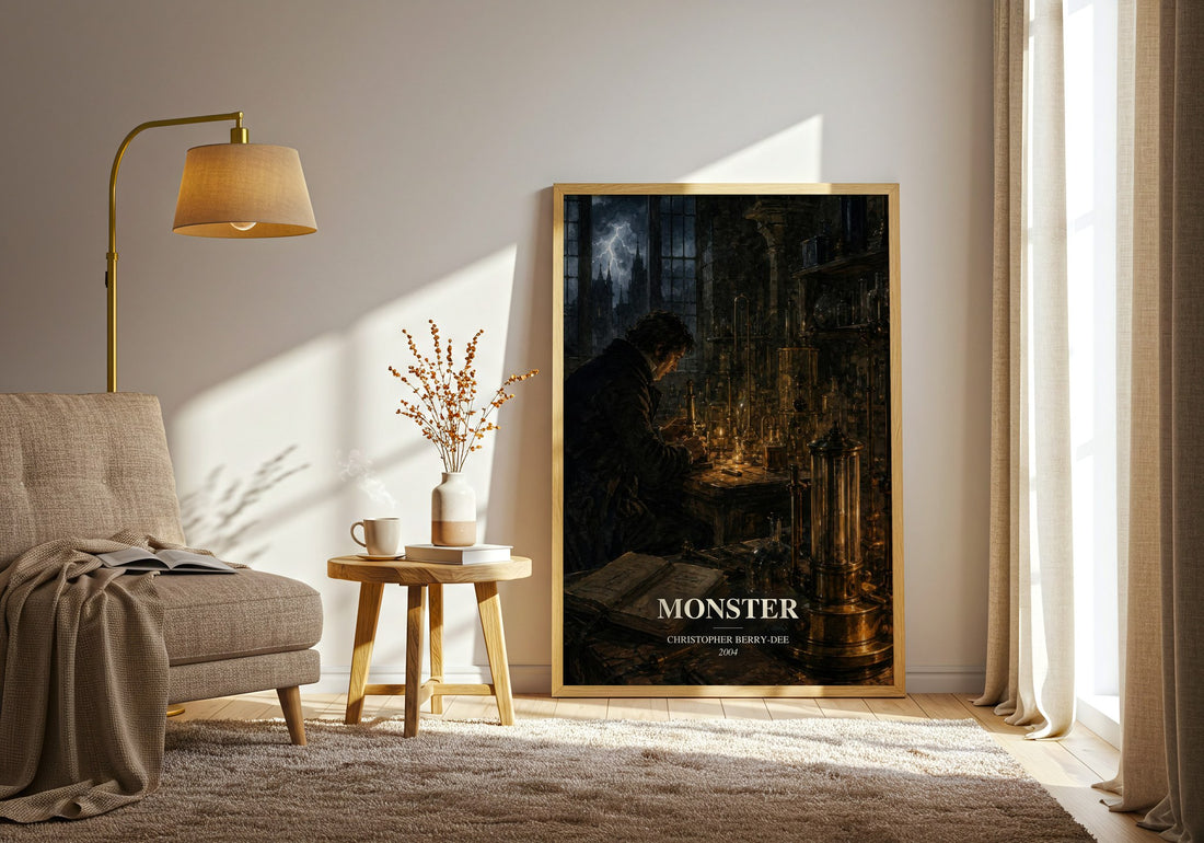 Monster watercolour print in frame leaning in hallway – non fiction wall art