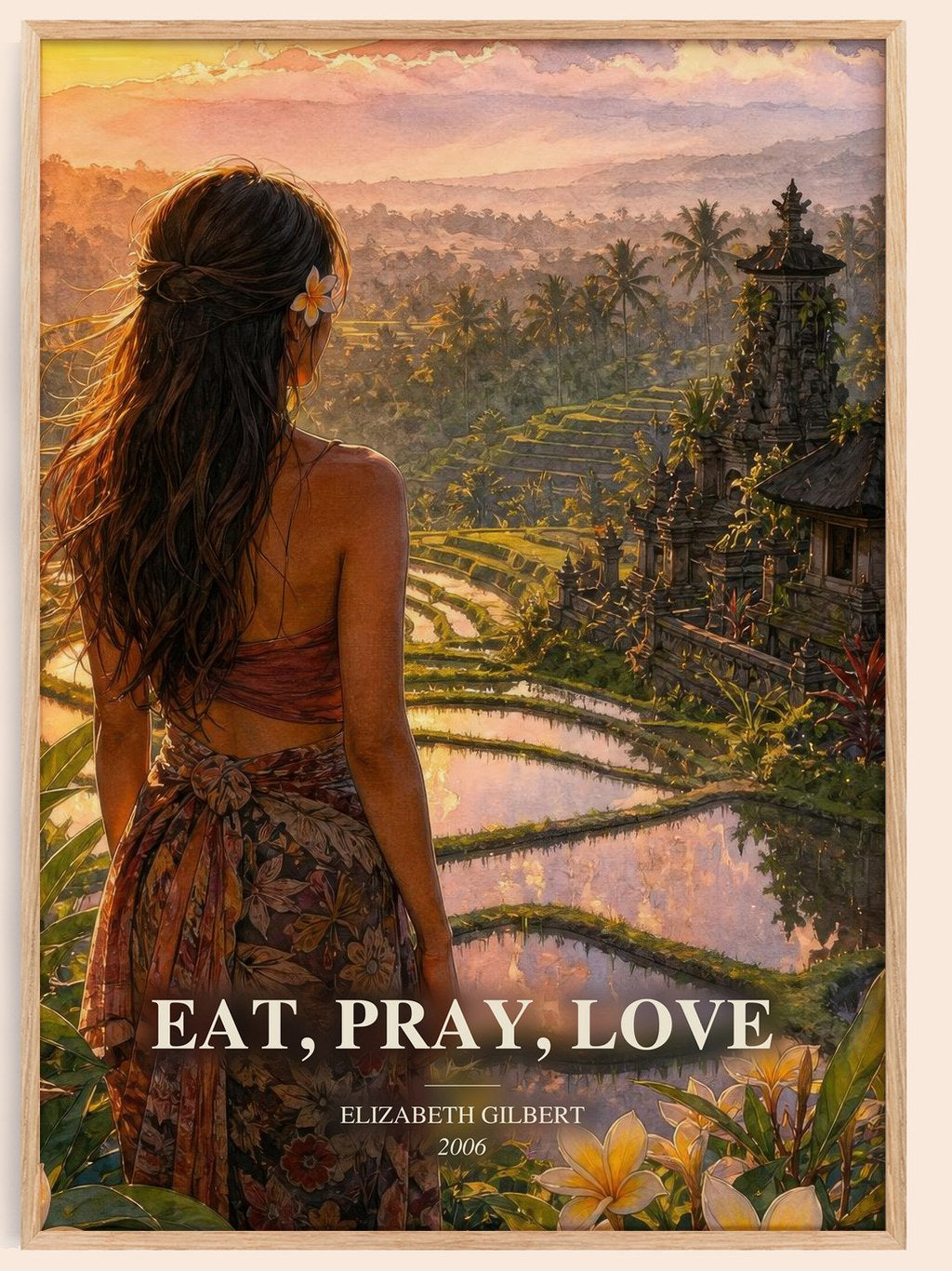 Eat, Pray, Love watercolour book poster by Elizabeth Gilbert – framed literary art print