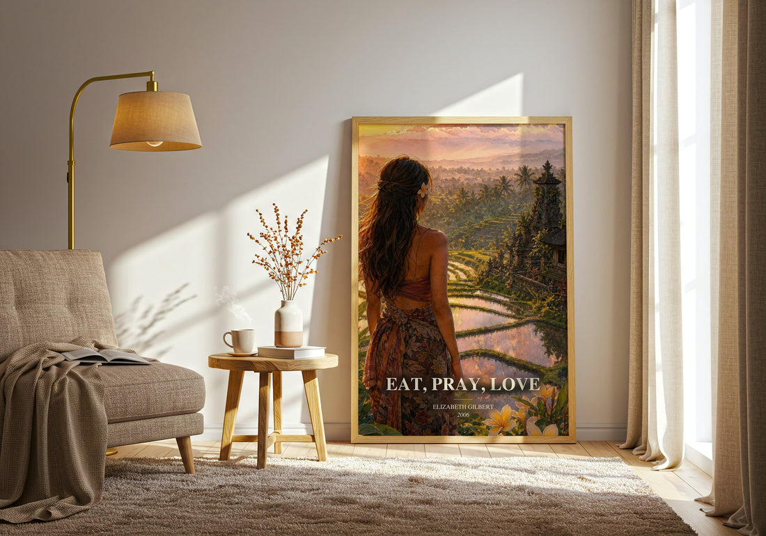 Eat, Pray, Love watercolour print in frame leaning in hallway – memoir wall art