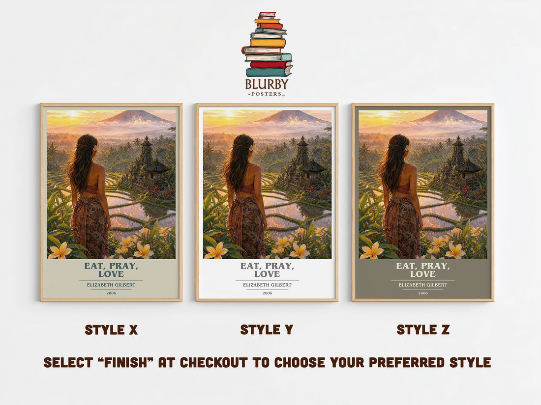 Eat, Pray, Love book cover print in frame leaning in hallway – memoir wall art (mockup)