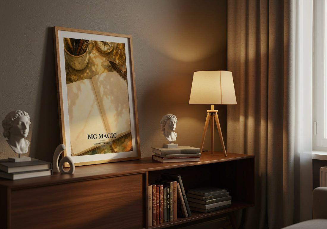 Big Magic watercolour print on bookshelf – Elizabeth Gilbert fan gift