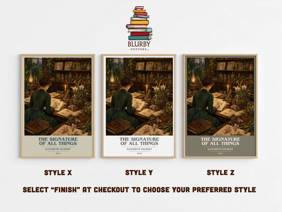 The signature of all things book cover print in frame leaning in hallway – historical fiction wall art (mockup)