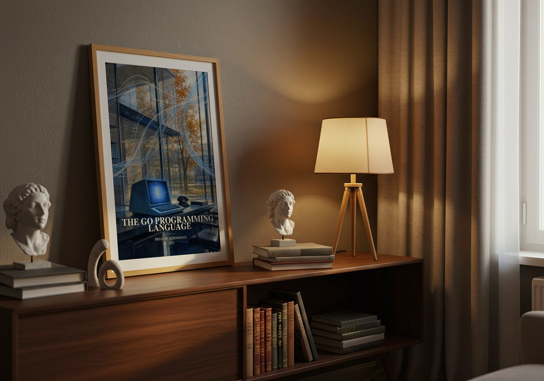 The Go Programming Language watercolour print on bookshelf – Brian W. Kernighan fan gift