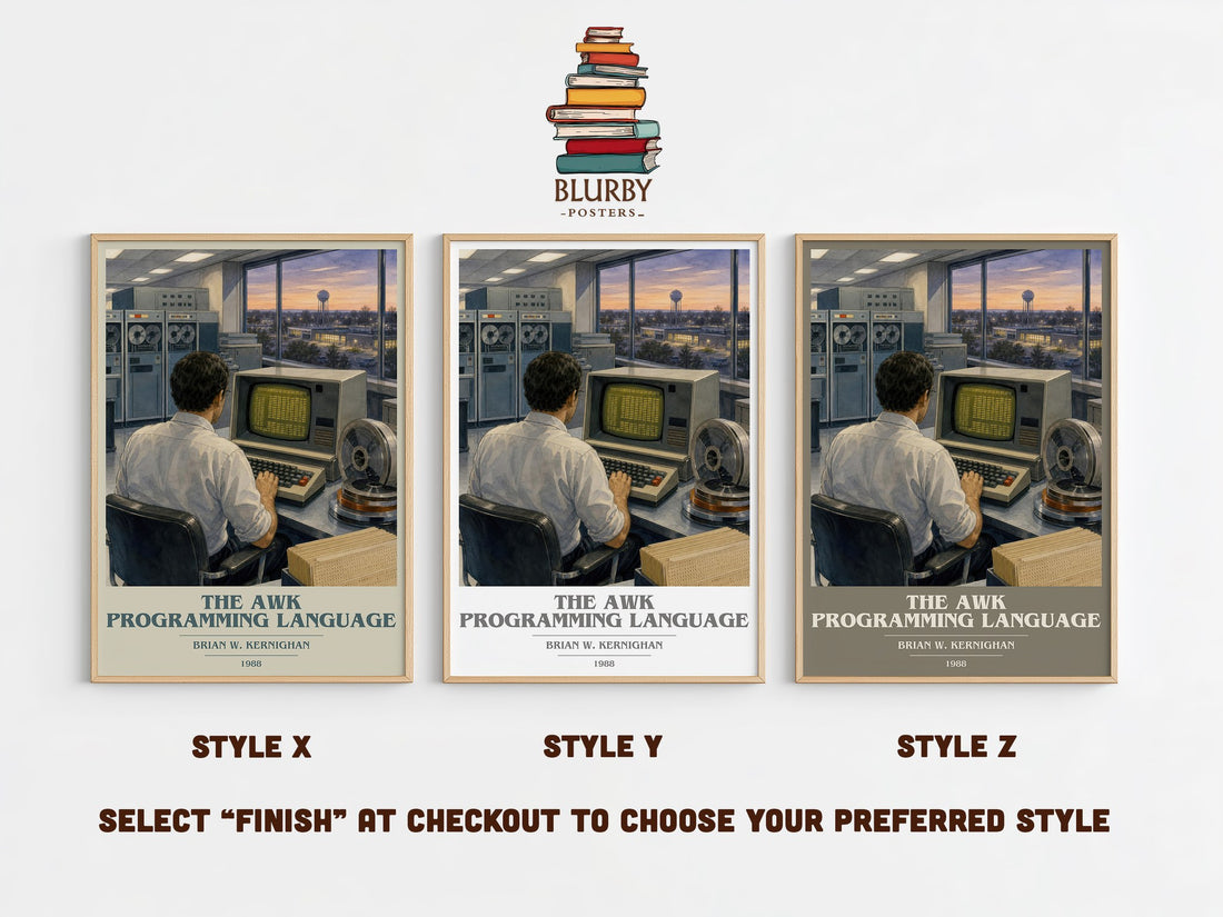 The AWK programming language book cover print in frame leaning in hallway – non fiction wall art (mockup)
