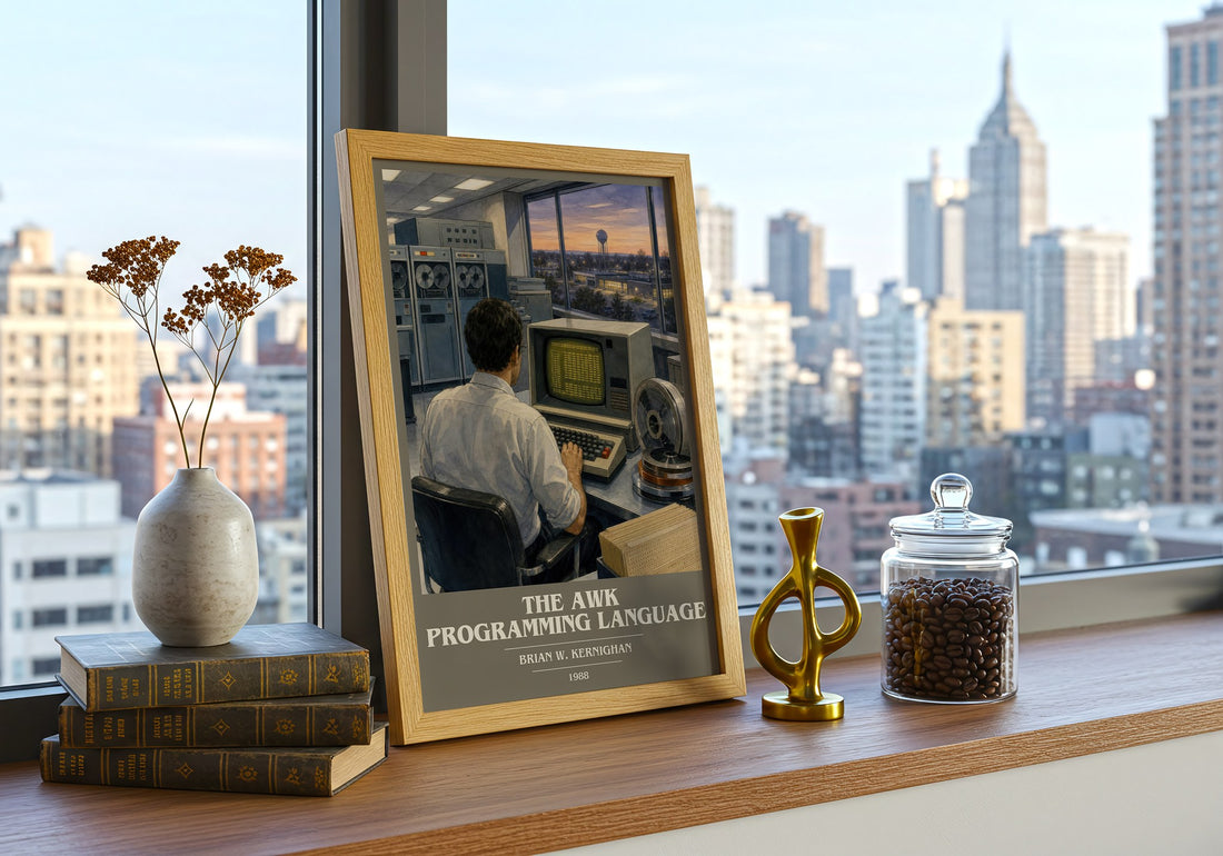 The AWK programming language book cover print framed by window – literary home decor