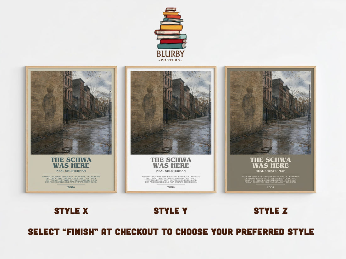 The Schwa was here bookish print in frame leaning in hallway – young adult wall art (mockup)