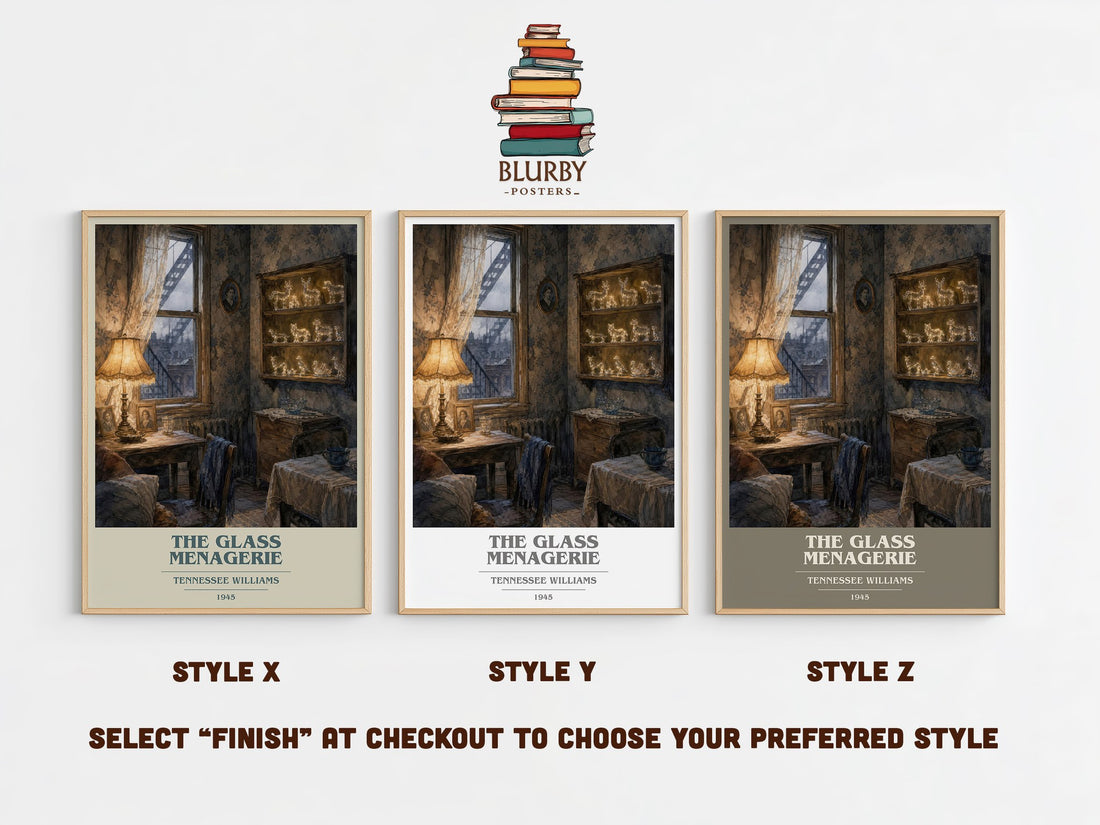 The Glass Menagerie book cover print in frame leaning in hallway – literary fiction wall art (mockup)