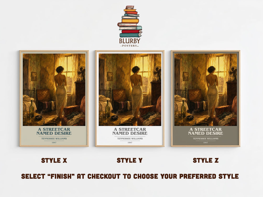A Streetcar Named Desire book cover print in frame leaning in hallway – classic literature wall art (mockup)