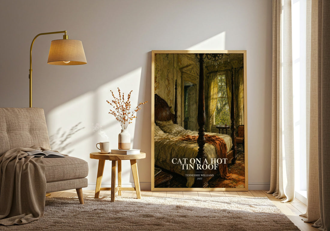 Cat on a Hot Tin Roof watercolour print in frame leaning in hallway – literary fiction wall art