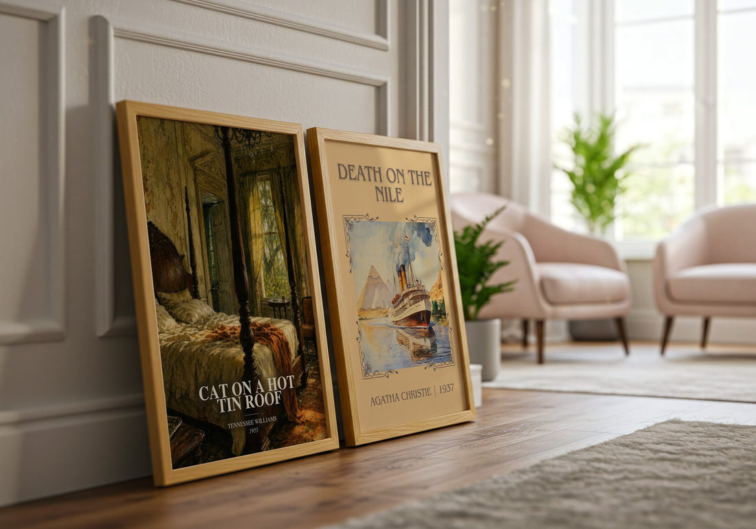Cat on a Hot Tin Roof watercolour print framed by window – literary home decor