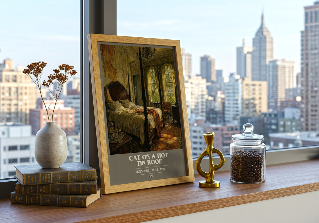 Cat on a Hot Tin Roof book cover print framed by window – literary home decor