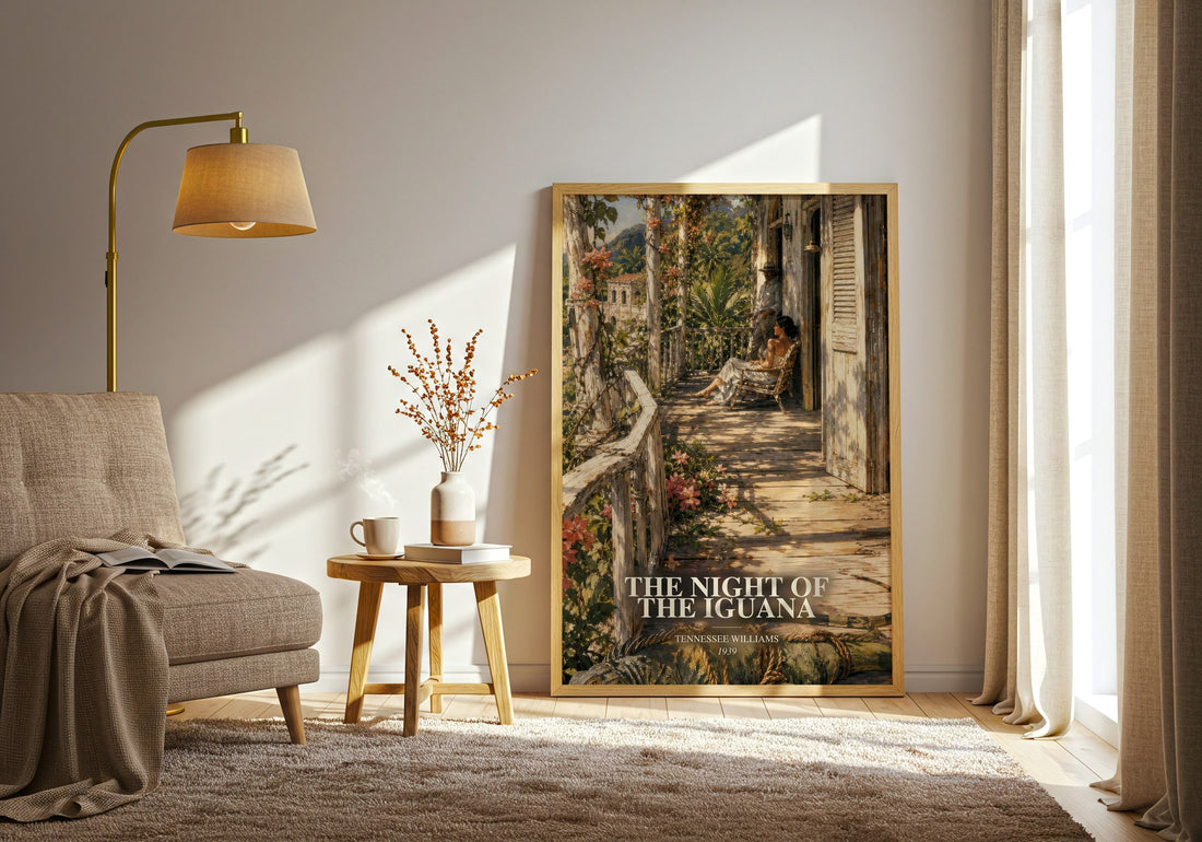 The night of the iguana watercolour print in frame leaning in hallway – literary fiction wall art