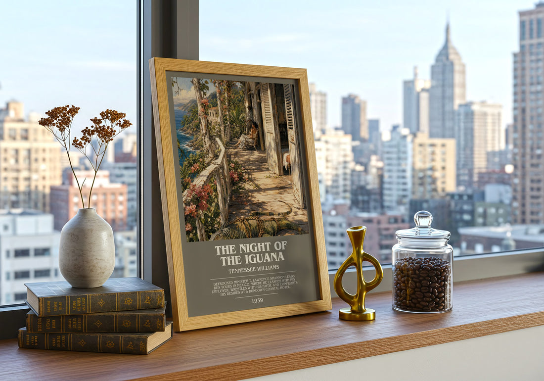 The night of the iguana bookish print framed by window – literary home decor