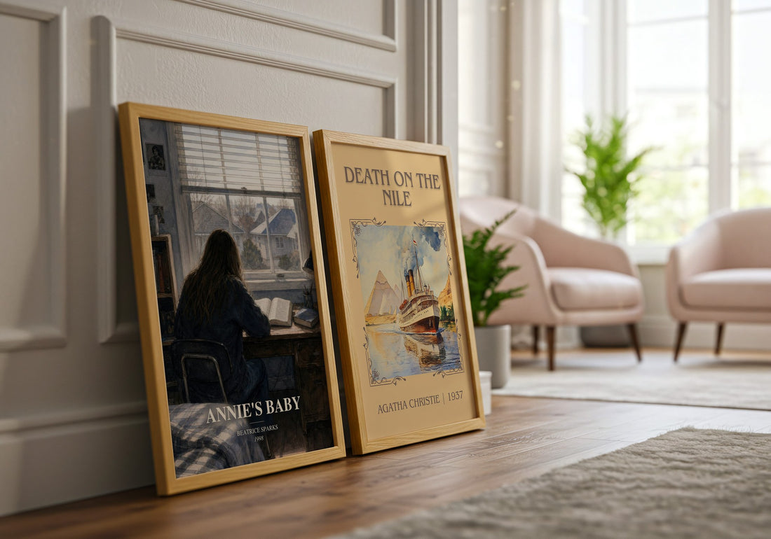 Annie's Baby watercolour print framed by window – literary home decor