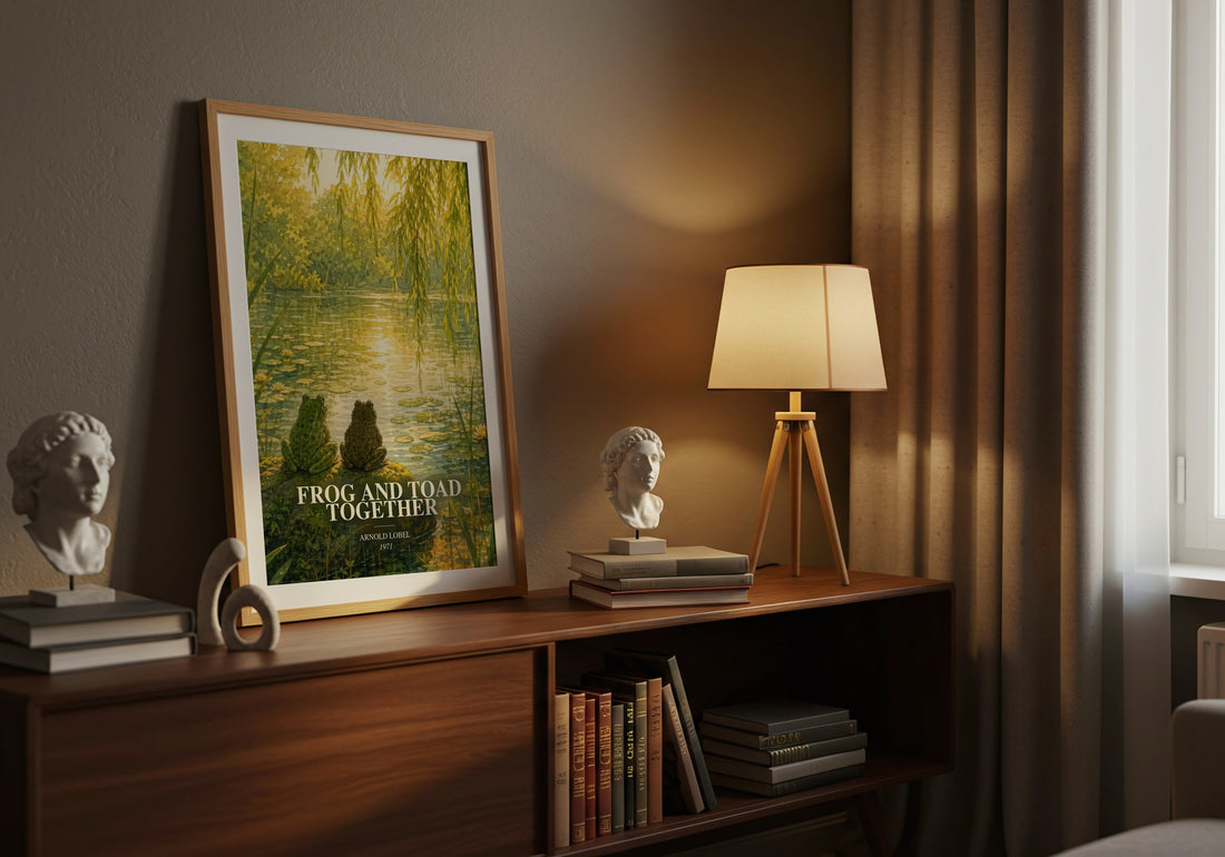 Frog and Toad Together watercolour print on bookshelf – Arnold Lobel fan gift