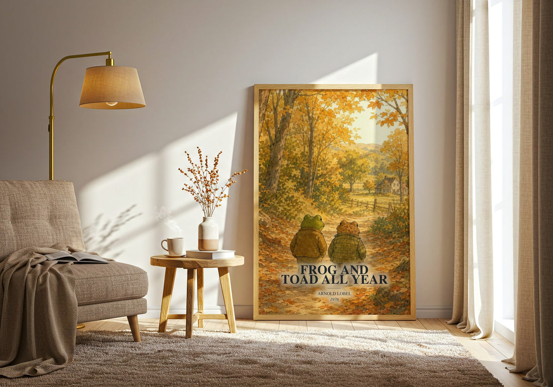 Frog and Toad All Year watercolour print in frame leaning in hallway – childrens wall art