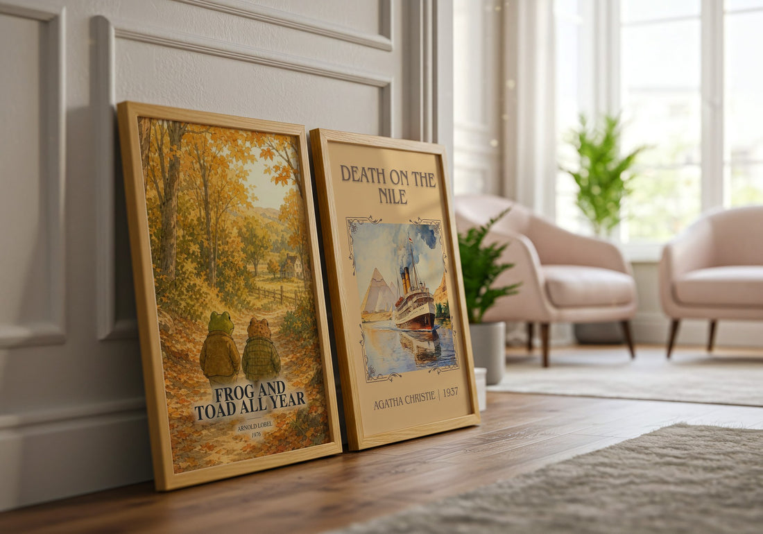 Frog and Toad All Year watercolour print framed by window – literary home decor