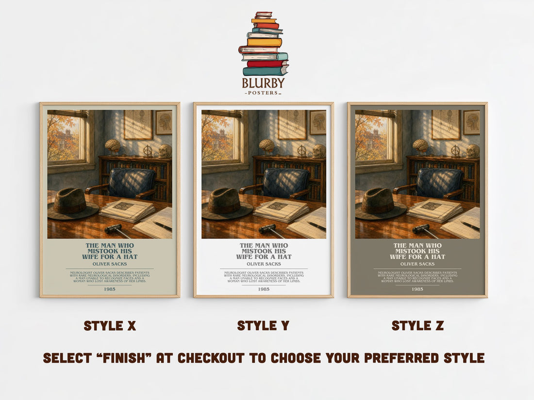 The Man Who Mistook His Wife for a Hat bookish print in frame leaning in hallway – non fiction wall art (mockup)