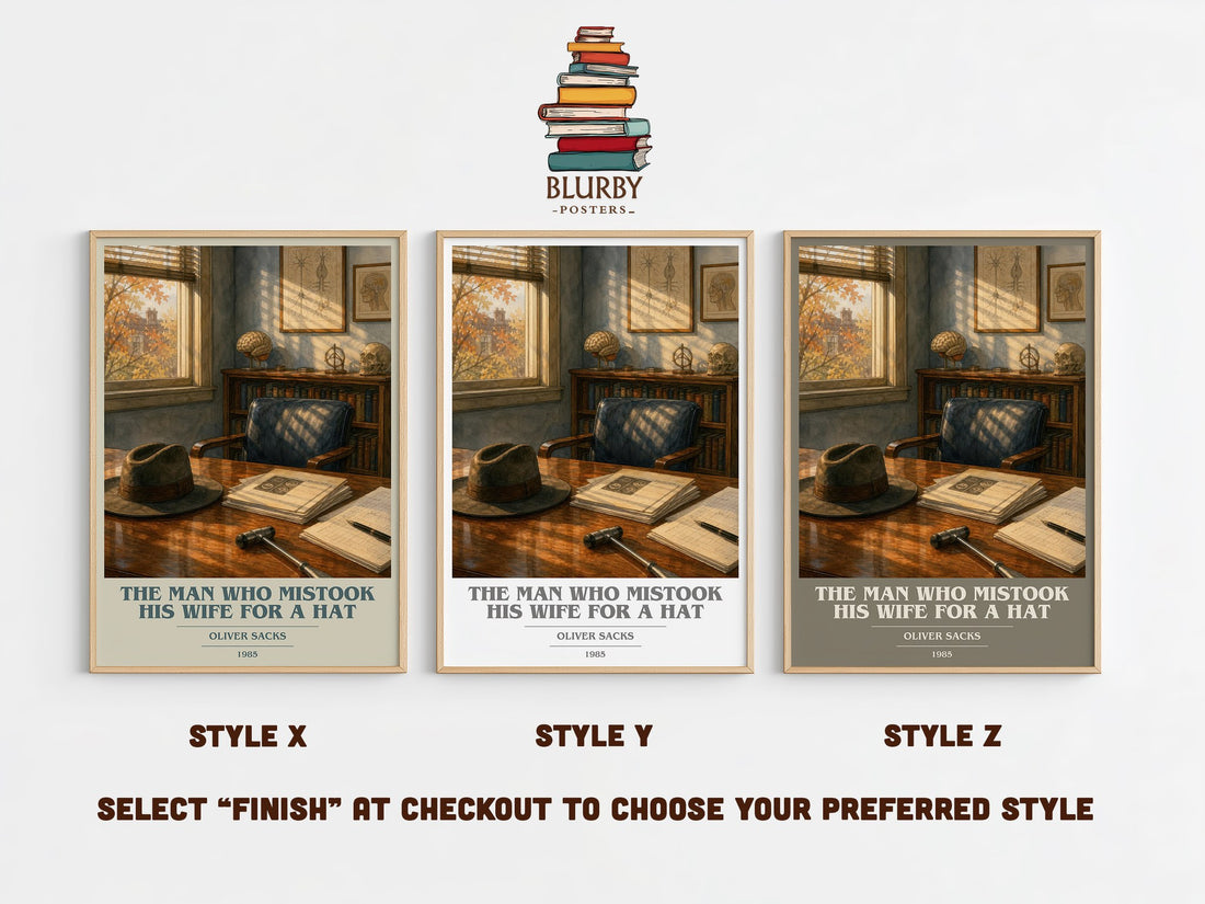 The Man Who Mistook His Wife for a Hat book cover print in frame leaning in hallway – non fiction wall art (mockup)