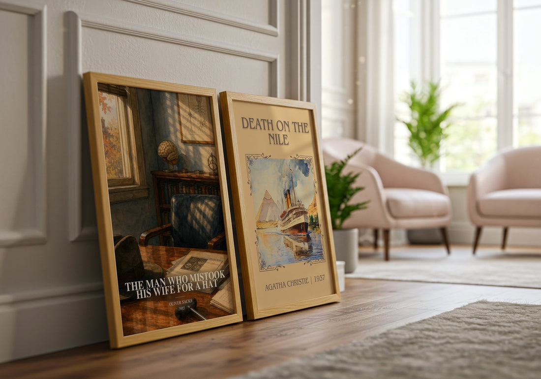 The Man Who Mistook His Wife for a Hat watercolour print framed by window – literary home decor