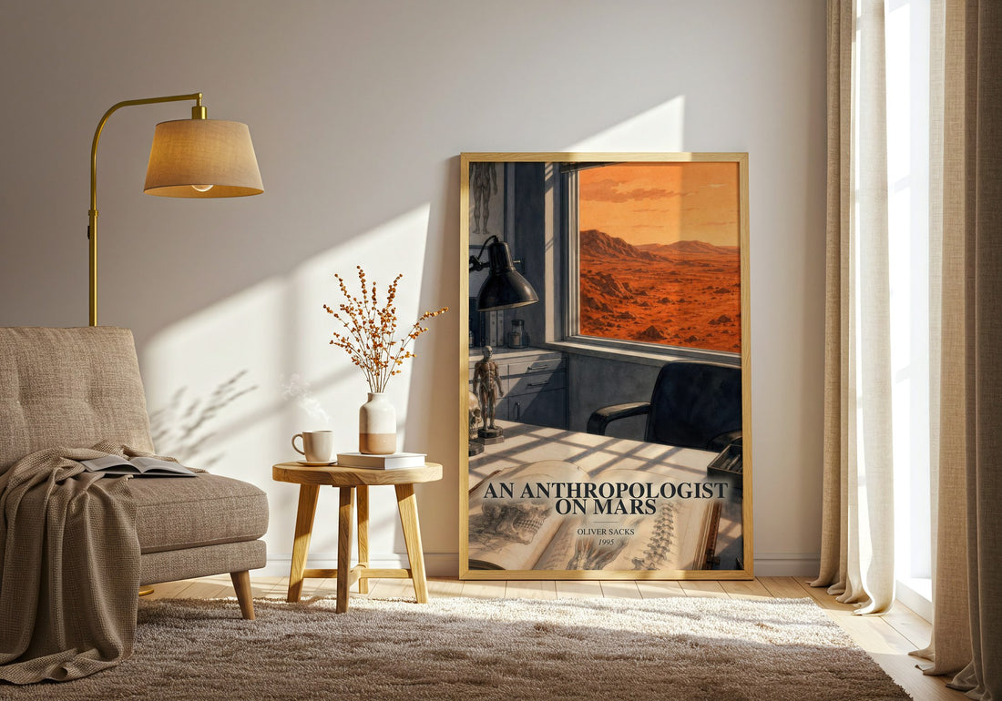 An Anthropologist on Mars watercolour print in frame leaning in hallway – non fiction wall art