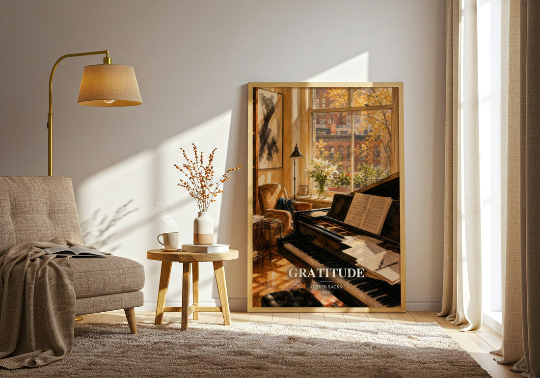 Gratitude watercolour print in frame leaning in hallway – memoir wall art