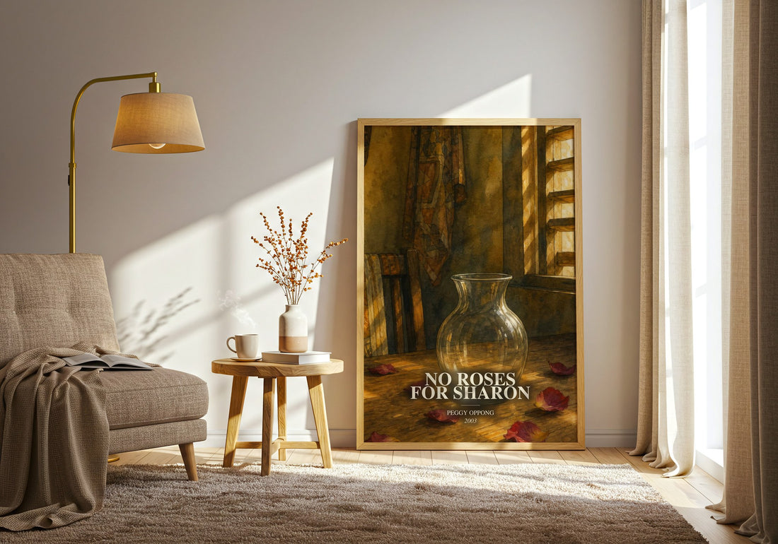 No Roses For Sharon watercolour print in frame leaning in hallway – contemporary fiction wall art
