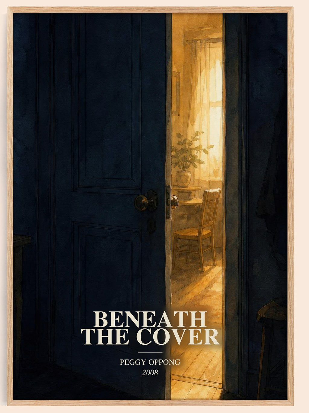 Beneath the cover watercolour book poster by Peggy Oppong – framed literary art print