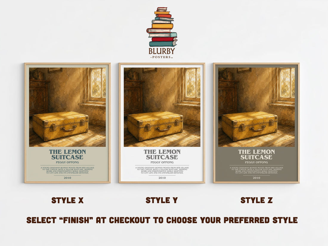 The lemon suitcase bookish print in frame leaning in hallway – contemporary fiction wall art (mockup)